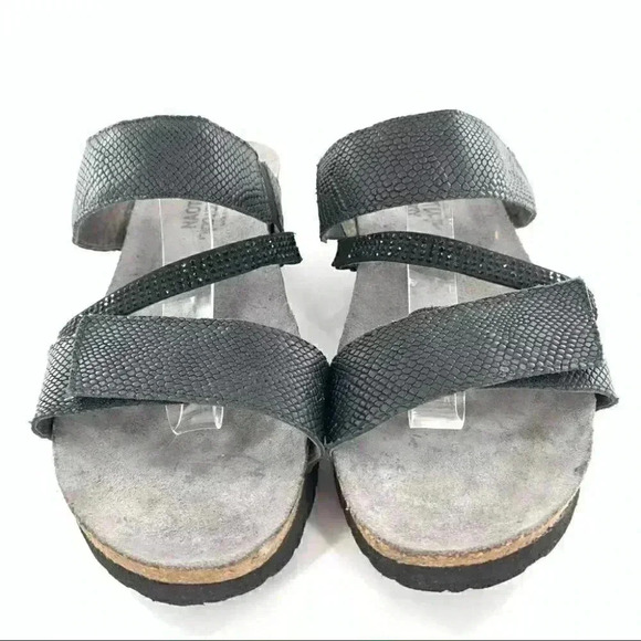 Naot sandals 39 8 black leather snakeskin print sticky strap walking comfort - Picture 2 of 12
